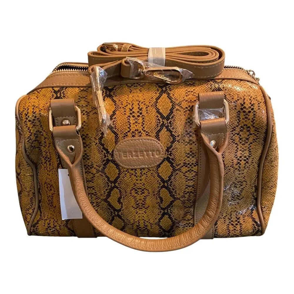Terzetto Leather Satchel Bag Purse Brown Embossed Snakeskin Animal Print NWT - Picture 2 of 11